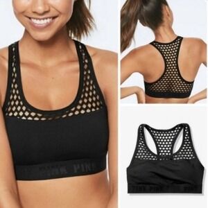 PINK Victoria's Secret Black Sports Bra Fishnet Racerback Activewear Top Gym L